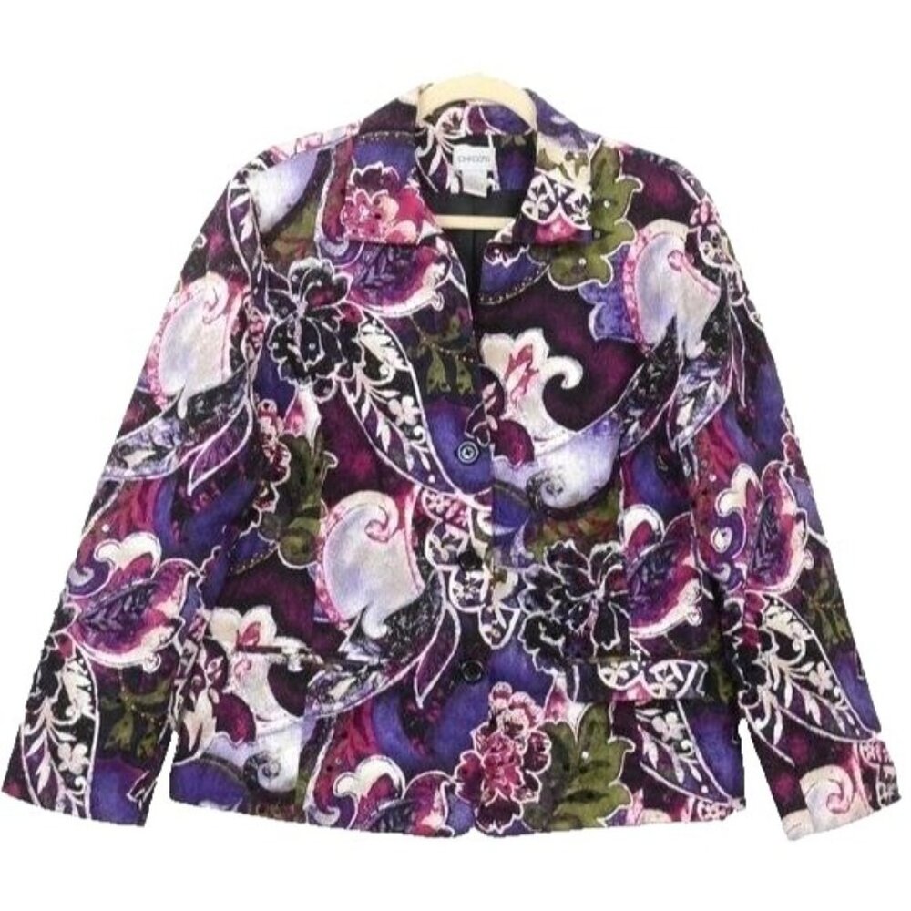 Chico's‎ PLUS Size 2 (12-14) Purple Black Floral Cotton Blazer Jacket Maximalist